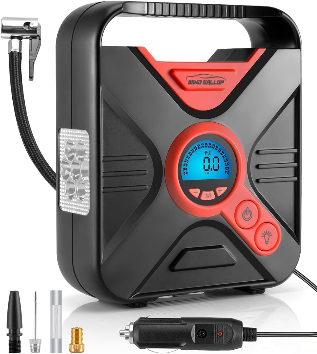 WindGallop Digital Car Tire Inflator Portable Air Compressor for Car Tires 12v Tire Inflator Air Pump with Pressure Gauge LED Light Valve Adaptors for Bike Car Ball and Pool Toys (1606H)