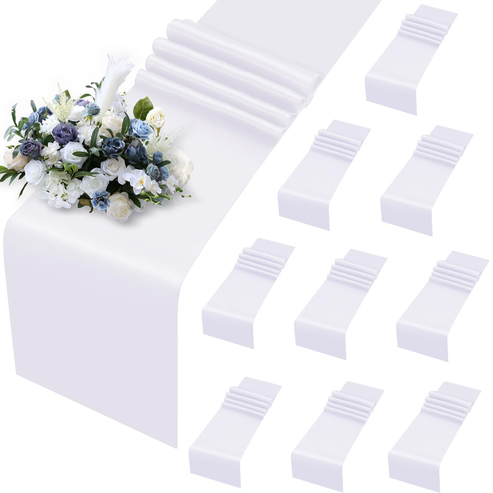 Photo 1 of MILVOWOC 10 Pack White Satin Table Runners, 12 x 108 Inch Bright Satin Silk Table Runner Smooth Fabric Decorative Table Runner for Wedding Banquet Party Birthday Graduation