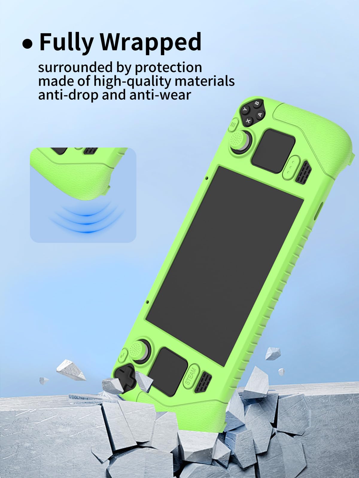 Compatible con Valve Index Steam Deck Gamepad, silicona de alta calidad, protección a prueba de golpes, puerto de carga táctil accesible, verde fluorescente.