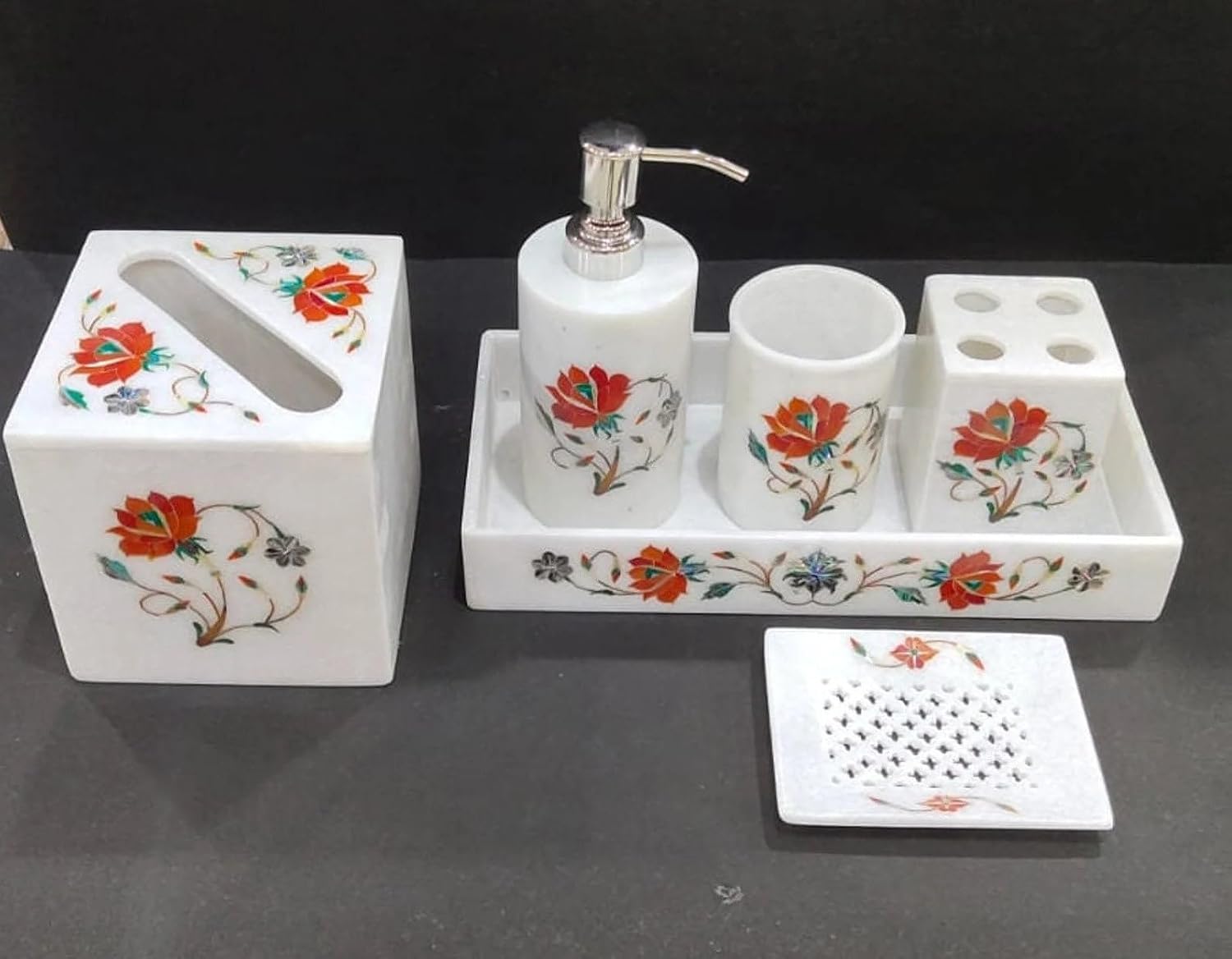 Handcrafted White Marble Bathroom Accessories Set (6 Piece) – Luxury Inlay Stone Bath Set with Soap Dispenser, Toothbrush Holder, Tumbler, Tray & Tissue Box Cover