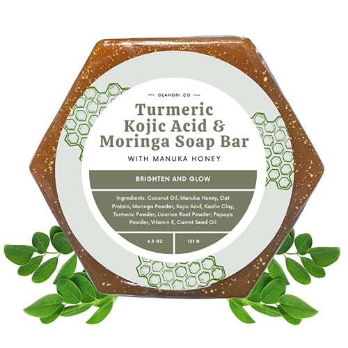 Turmeric, Kojic Acid & Moringa Soap Bar for Discoloration, Dark Spots, Acne Scars, Uneven Skin. Deep Clean & Unclog Pores, Brighten, Glow & Smooth