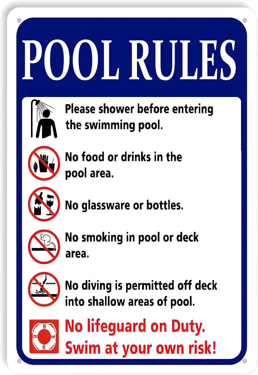 Pool Rules Please Shower Before Entering Rust Free Aluminum Tin Sign - Warning Decor with Pre-Drilled Holes for Home Pool, Indoor-Outdoor Use - 16x12 Inch​