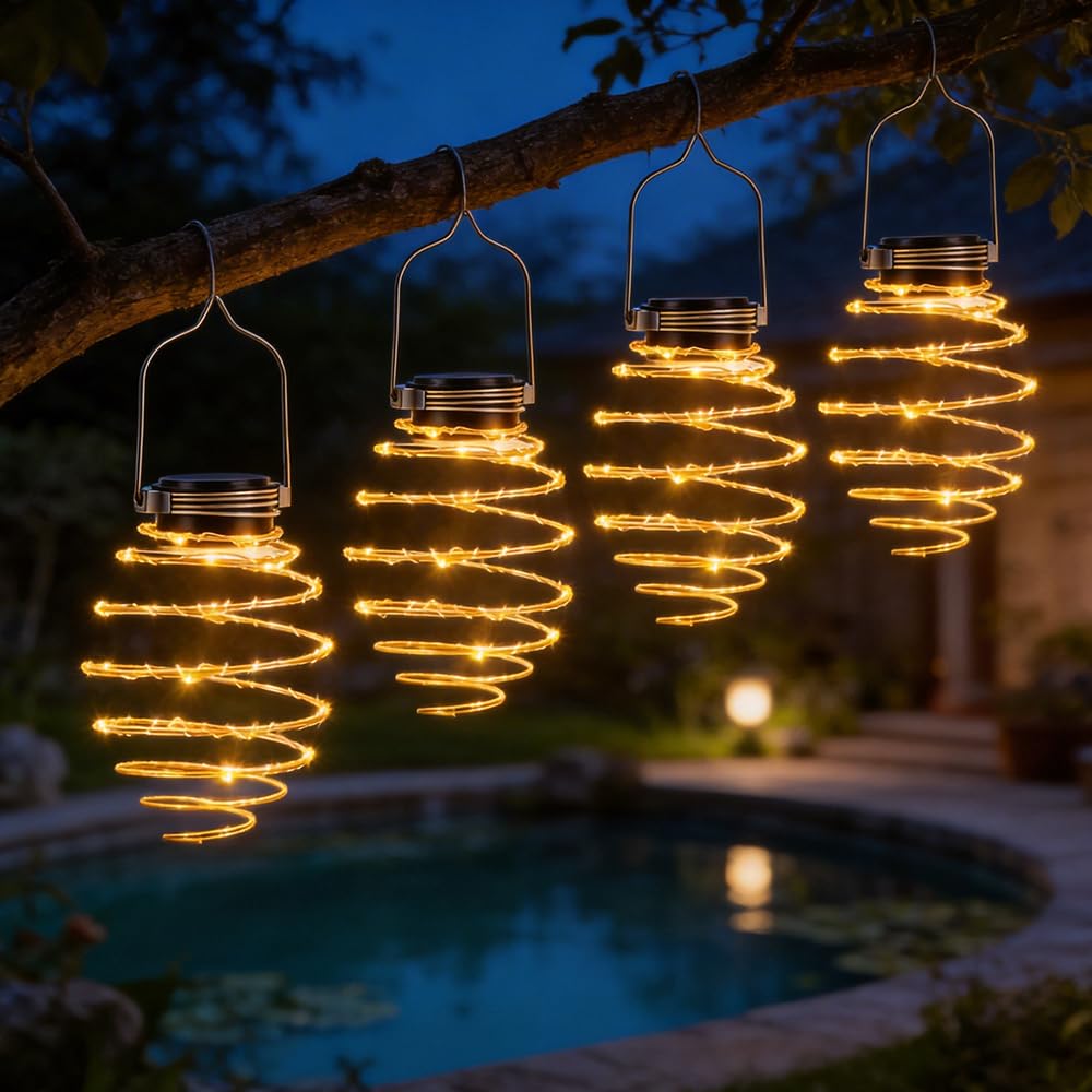 4 Piezas Farolillos Solares Exterior Colgante, IP65 Impermeable Luces Solares Exterior Jardin para Colgar en Espiral Lampara Solar Exterior Jardin con Blanca Cálida para Patio, Terraza (Luz cálida)