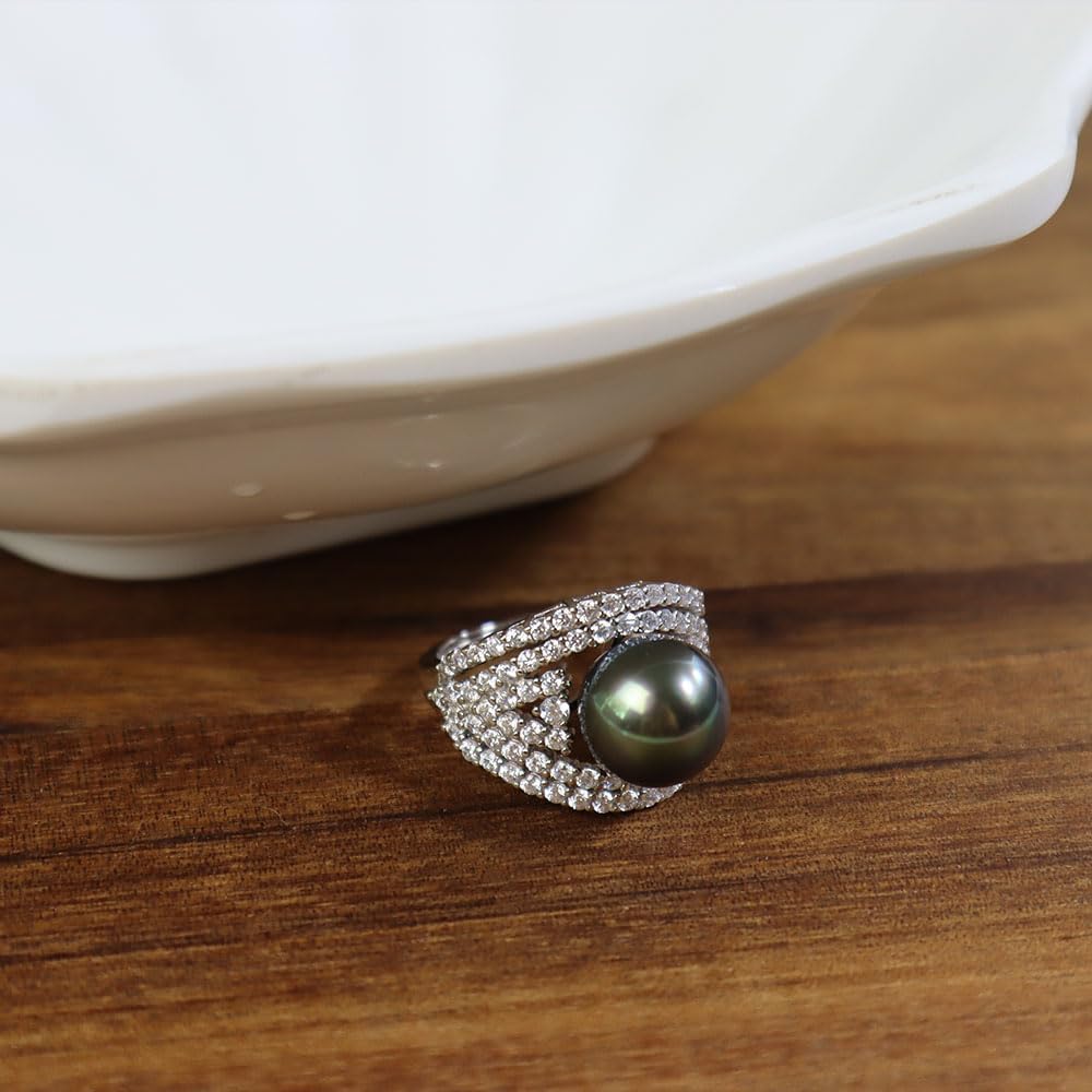Anniversary Birthday Gift for Wife-Tahitian-Black-Pearl-Rings-Gifts for Women Wedding Mom Her Mothers Day Valentines Day Christmas-18K Gold Plated Sterling Silver Ring Fine Jewelry