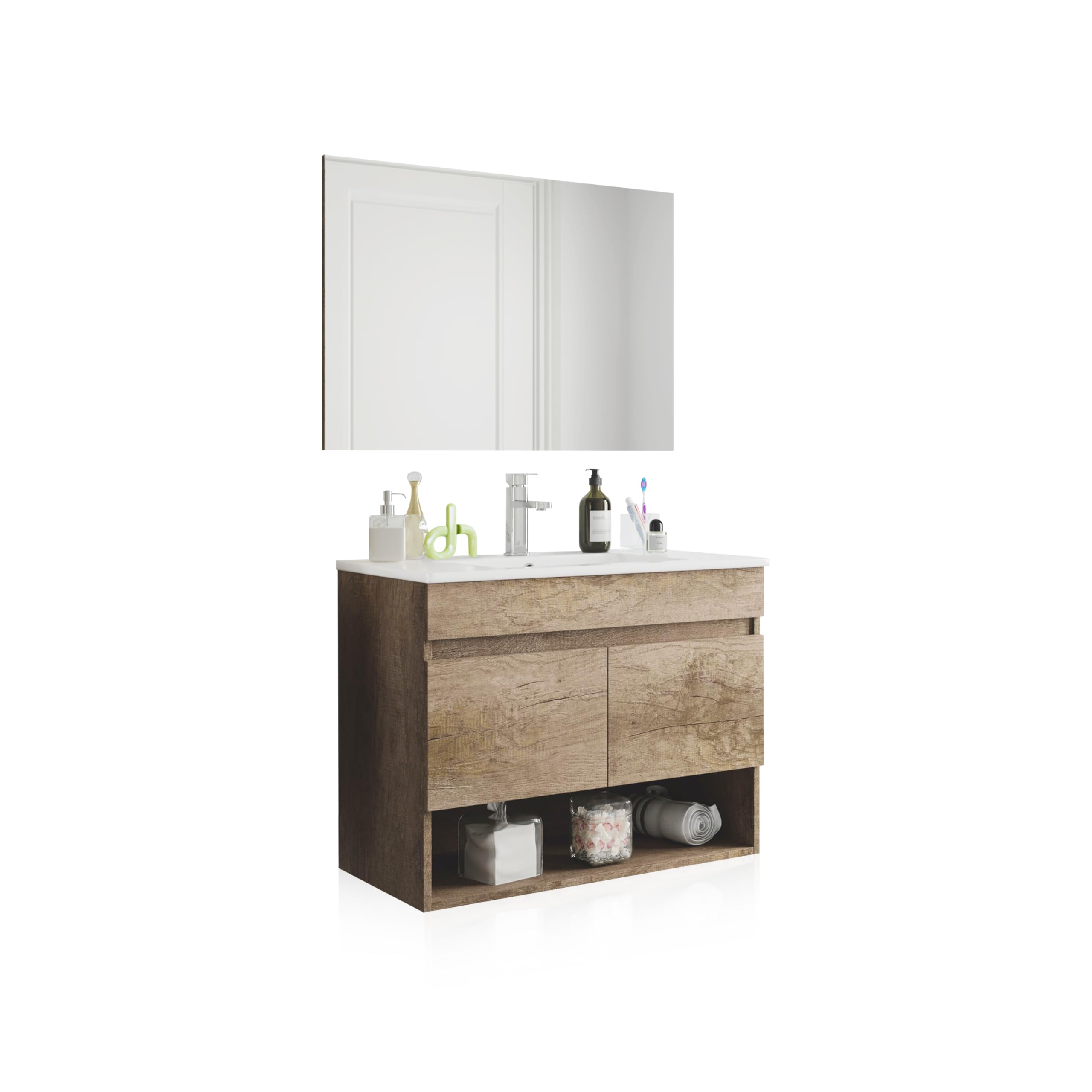 duehome | Mueble de Baño Suspendido con 2 Puertas y Espejo, Modulo Colgante, Modelo Thai, Acabado en Nordik, Medidas: 80 cm (Ancho) x 64 cm (Alto) x 45 cm (Fondo)