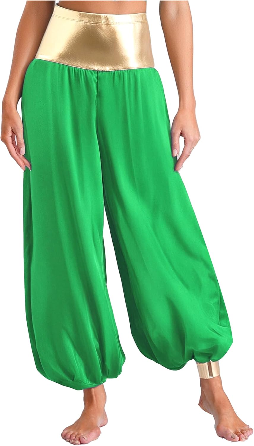 Women's Silky Satin Hippie Harem Pants Arabian Princess Belly Dance Costume Loose Bloomers Trousers