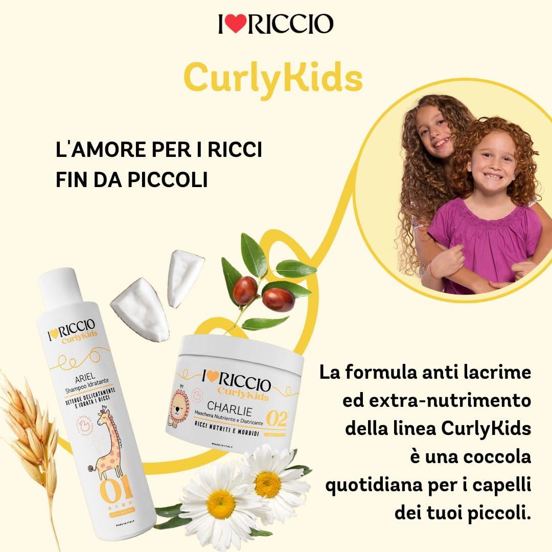 I Love Riccio Kit Curly Kids Per Capelli Ricci Bambini con Shampoo Idratante 250 ml, Maschera Nutriente 250 ml e Crema Modellante 250 ml, Formula Delicata Antilacrime, con Matite Colorate e Cartoncino