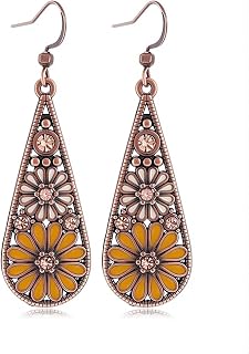 Bohemian Crystal Teardrop Pendant Earring,Vintage Olive Green Hollow Out Flower Floral Dangle Earrings,National Style Geometry Enamel Flower Hook Earrings,Handmade Ethnic Statement Jewelry for Women