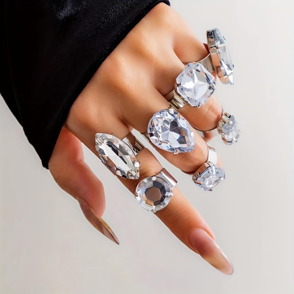 Exaggerated Chunky Crystal Rings for 7 Geometric Square Oval Teardrop Knuckle Rings Silver Statement Large Rhinestone Open Ring Dainty Jewelry Gift - Image 5