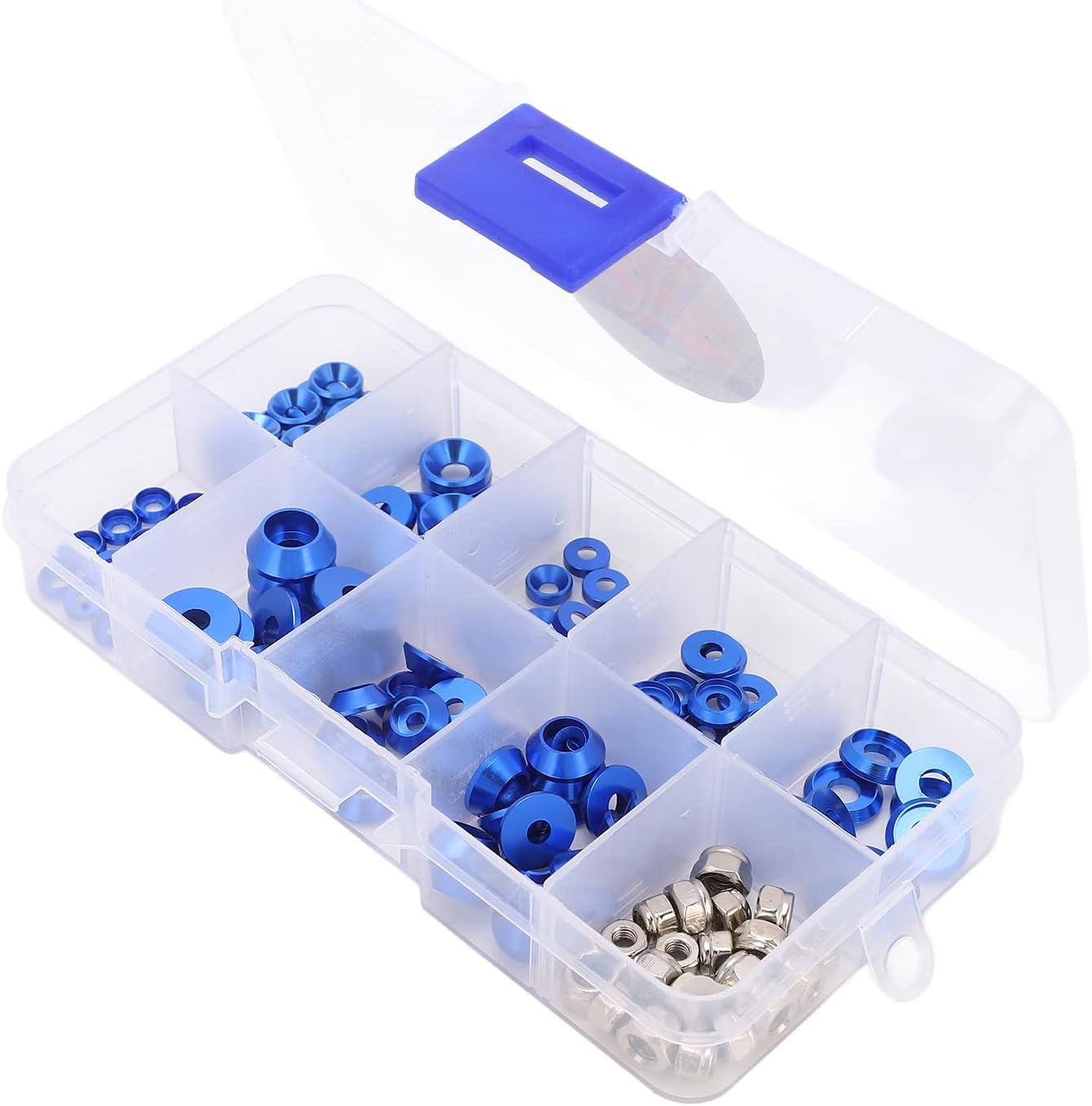Cosiki RC Bolt Washer Kit RC Washer Lightweight Compact 125pcs CNC Machined Aluminum Alloy RC Car Anodized for 1/8 RC Car (Blue)