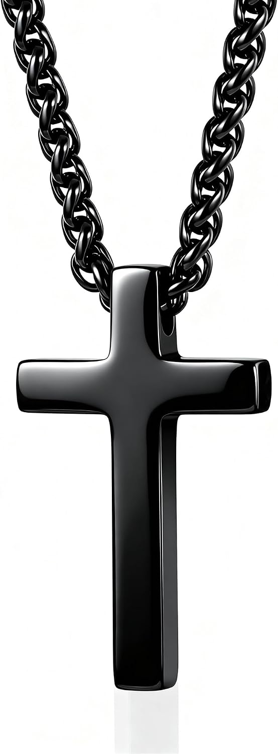 Cross Necklace for Men Gifts Jewelry Stainless Steel Pendant with 18-20 Inches Chain,Perfect for Wedding, Parties, and Everyday,Christian Religious Gift(Black,Steel Colored)