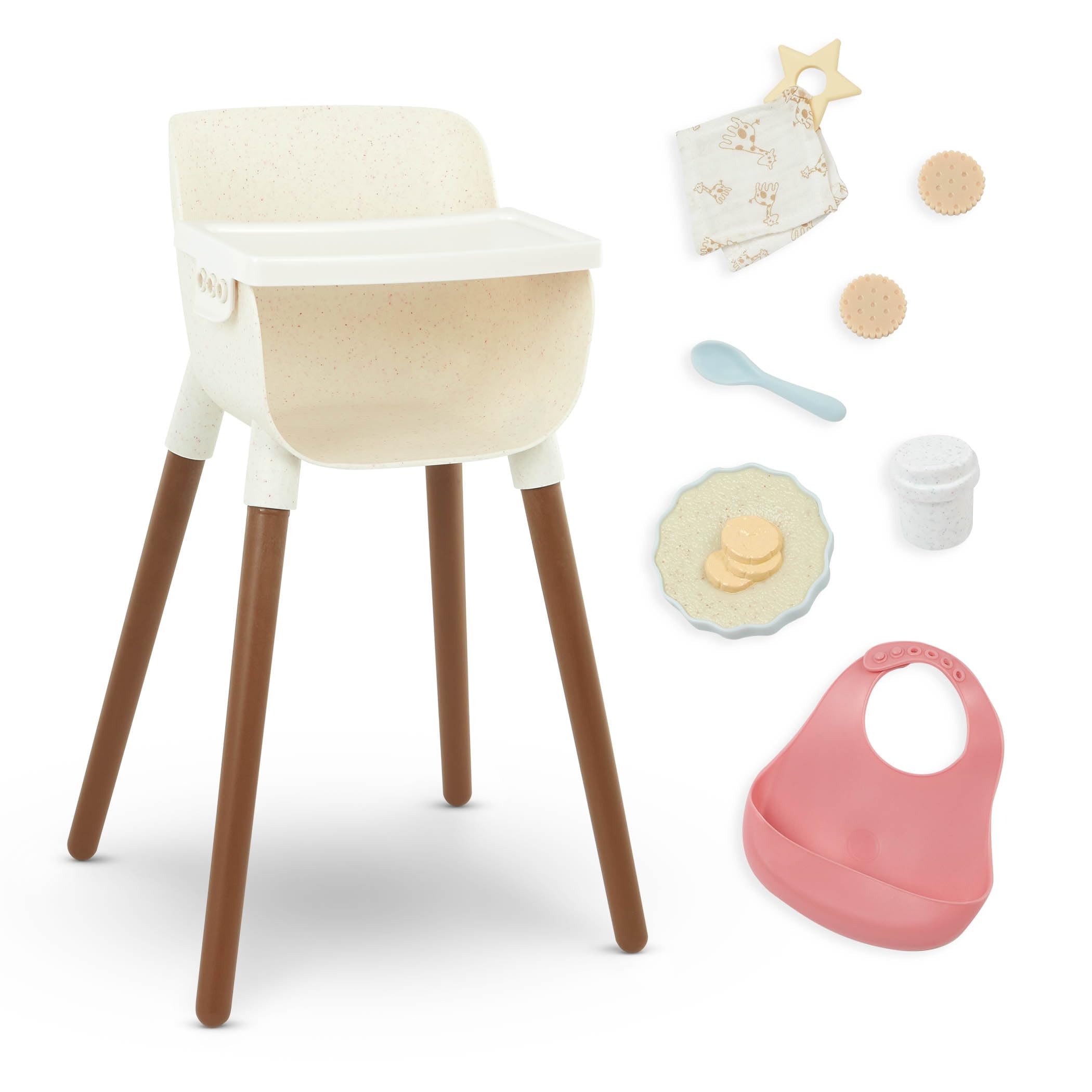 LullaBaby LBY7679C1Z wysokie krzesełko dla lalek, 36 cm, wysokie krzesełko i akcesoria – śliniaczek, jedzenie, łyżka, kubek, ściereczka do plucia – akcesoria dla lalek dla niemowląt – zabawka dla
