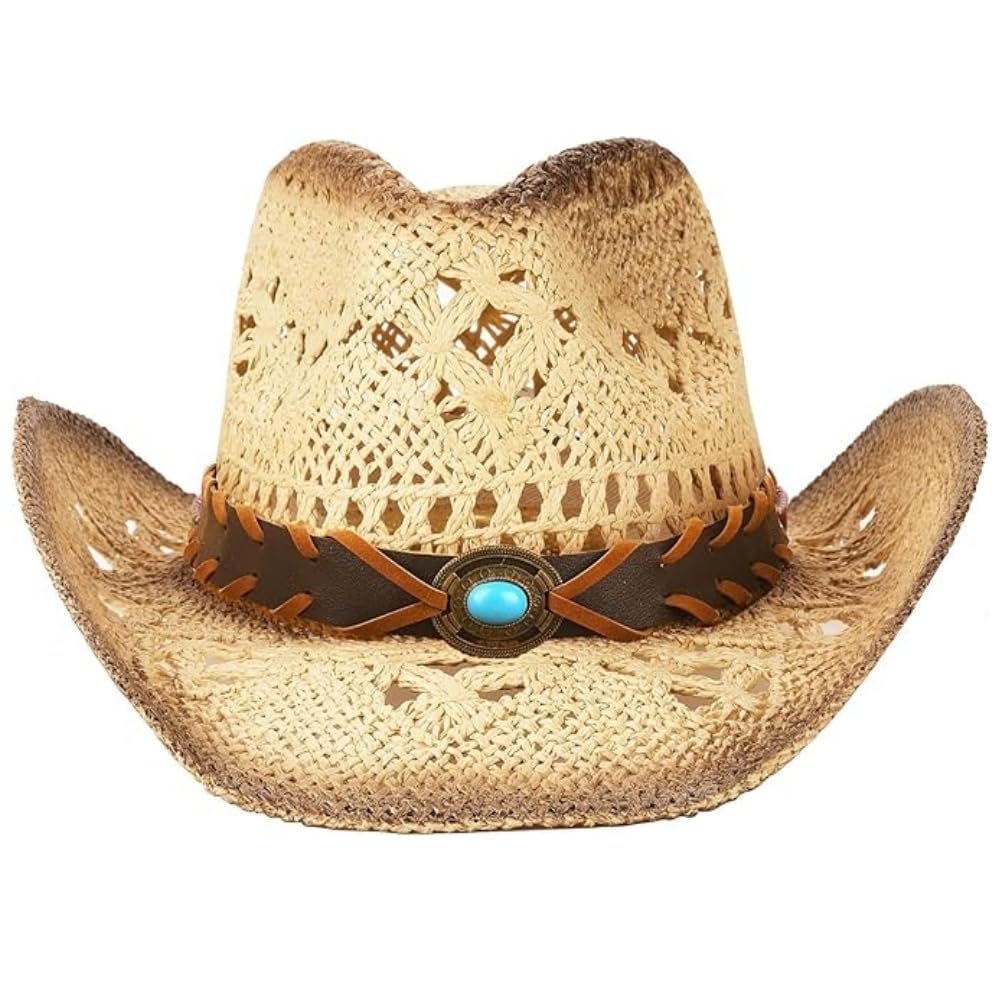 Men's Women's Western Straw Cowboy Hat,Cowgirl Hat with Two Decorative Bands,Shapeable Brim Woven Sun Hat(Turquoise)