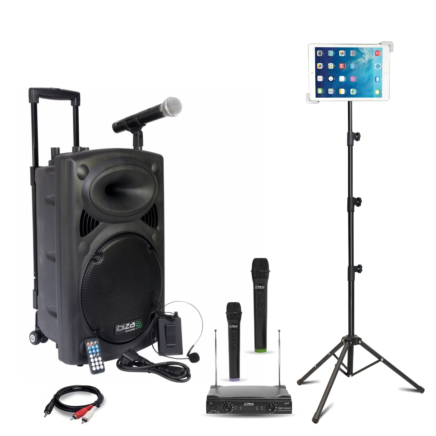 Ibiza - Pacchetto Karaoke Altoparlante portatile USB Bluetooth Ibiza PORT12VHF-BT 700W 4 microfoni senza fili - Supporto tablet SMM20 - Serata Sono