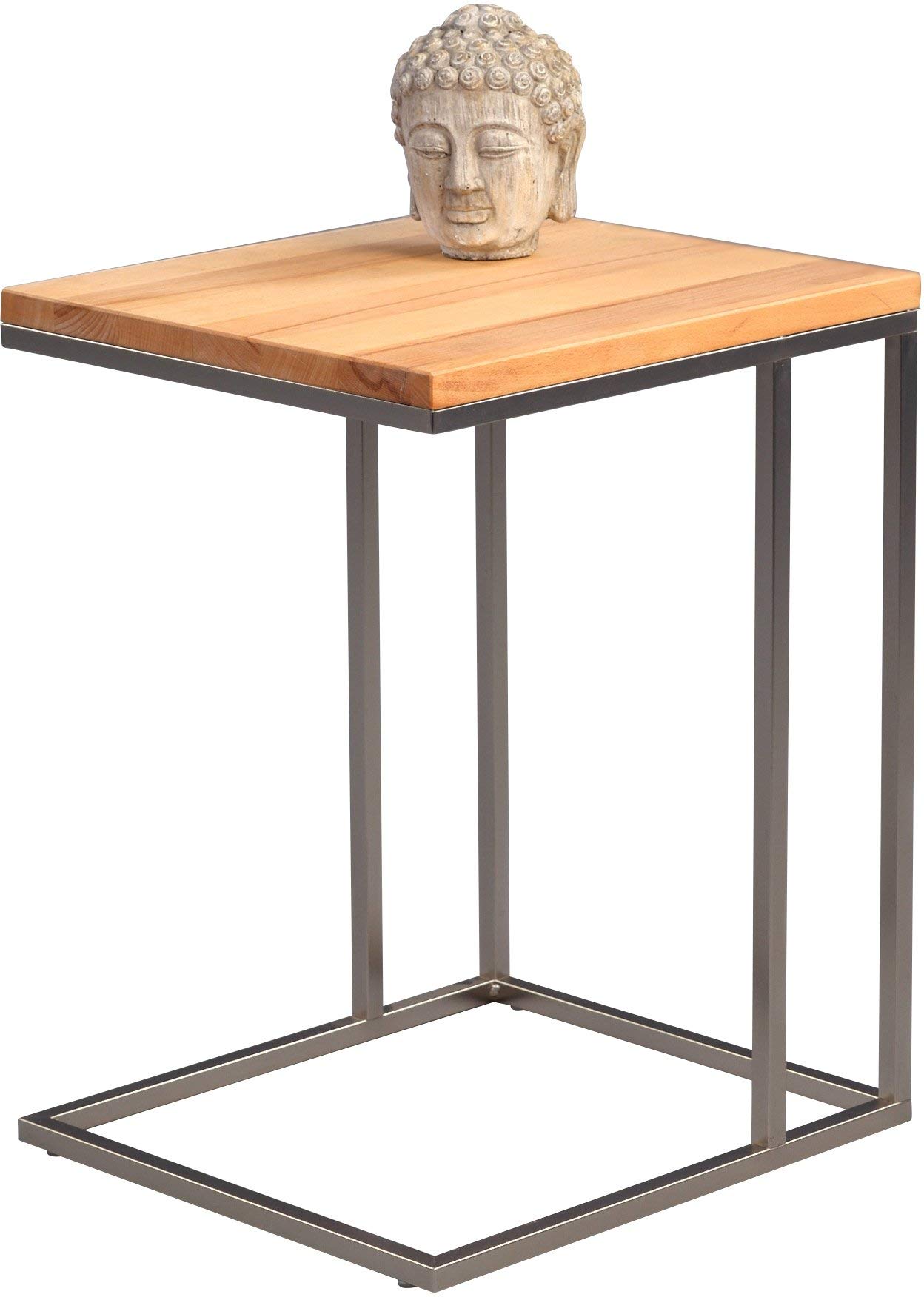 M2 Kollektion Mesa Auxiliar Odis, Estructura de Metal de Aspecto de Acero Inoxidable, Tapa de Madera de Haya Maciza barnizada, 22 mm de Grosor