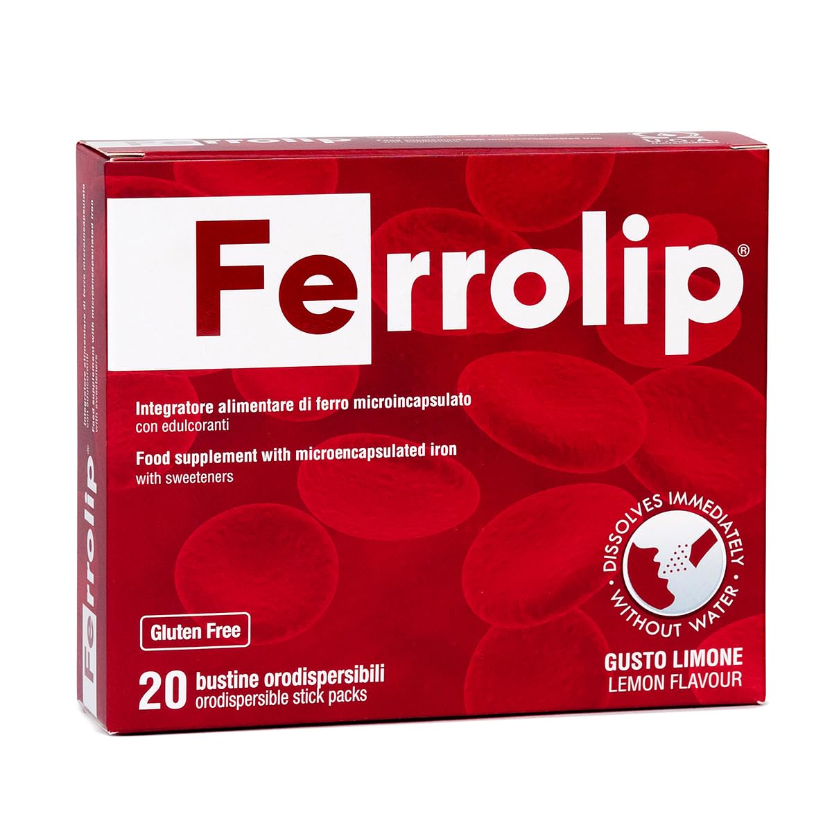 Ferrolip Iron Supplement for Women, Men and Kids (20 Lemon Flavored Soluble Sachets) - Gastrointestinal Comfort and No Metallic Taste - Vegan and Gluten Free