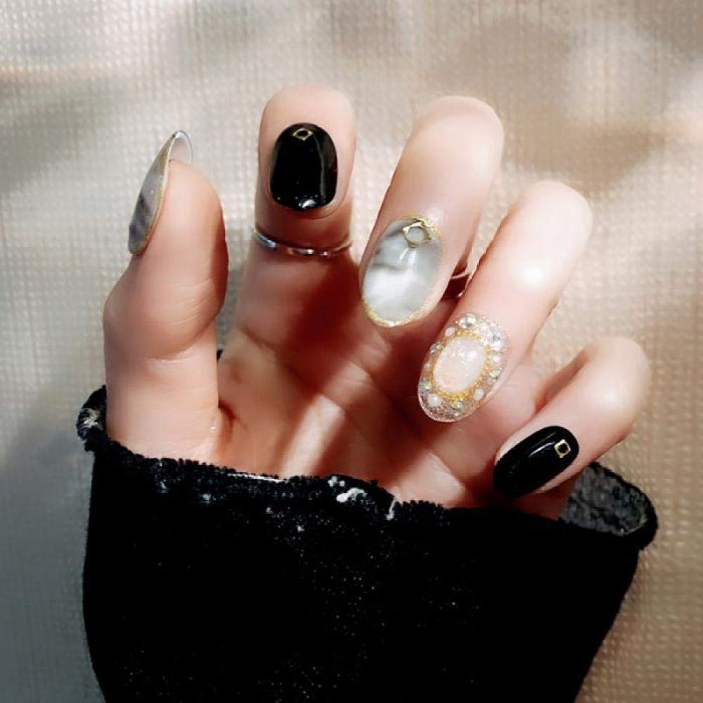 ACiyD Falsche Nägel im koreanischen Stil, runder Kopf, Nagelkunstwerkzeuge mit Kleber, Frauen, Marmor, Glitzer, Kunstperlen, falsche Nagel-Damen, sexy Punk-Stil, künstliche Nägel