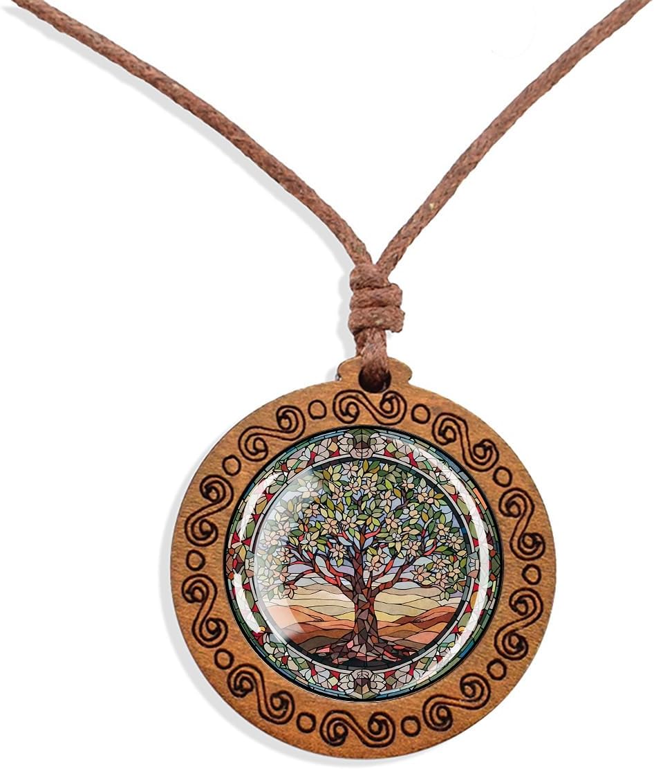 Boho Spiritual Tree Of Life Wooden Pendant Necklace Men's Women's Jewellery Adjustable Faux Rope Chain Punk Bohemian Ethereal Neckwear Jewellery Unisex Gift 45cm - 86cm