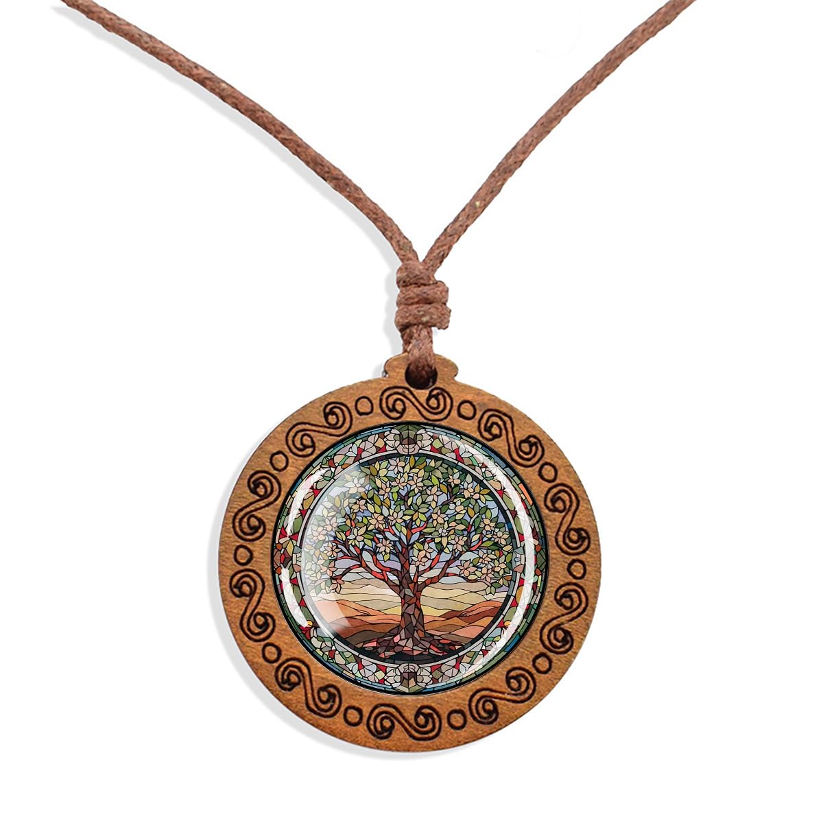 Boho Spiritual Tree Of Life Wooden Pendant Necklace Men's Women's Jewellery Adjustable Faux Rope Chain Punk Bohemian Ethereal Neckwear Jewellery Unisex Gift 45cm - 86cm