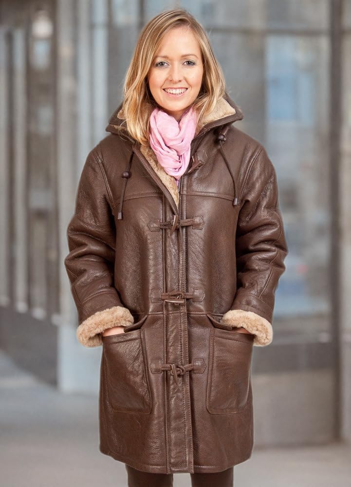 Women's Brown Long Winter Hooded Real Shearling Sheepskin Leather Duffle Coat - Image 7