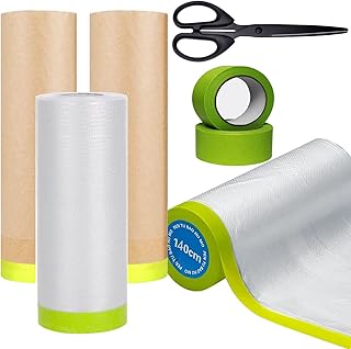 Masking Paper, Pre-Taped Paper for Painting Protection and Painters Tape with Plastic, 4 Rolls Automotive Best Tape and Dr...