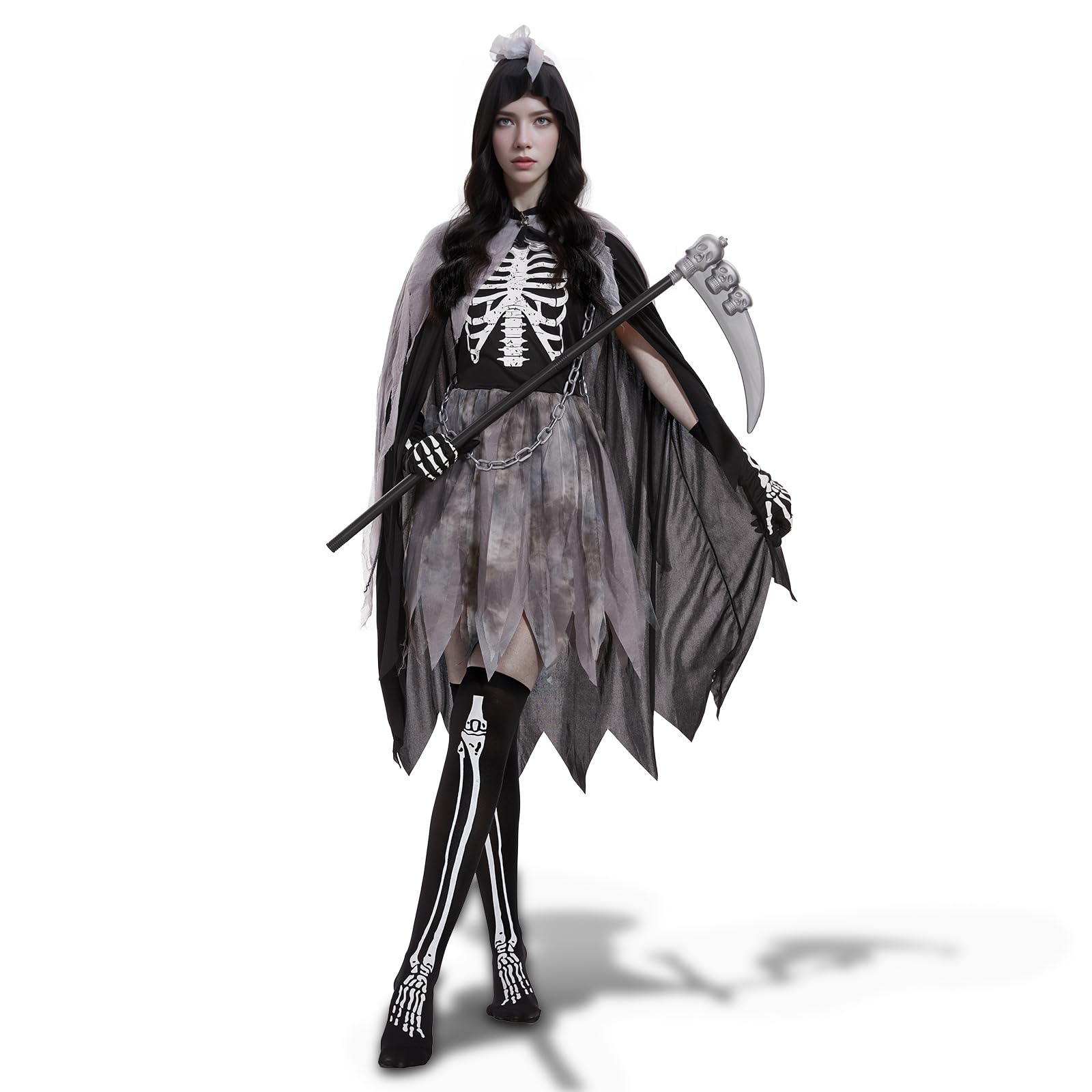 Ulikey Disfraz de la Parca Adulto, Traje de Grim Reape, Disfraz de Halloween para Adulto con Guantes, Guadaña Disfraz Fantasma de Parca Conjunto de disfraces de Reaper de Halloween Cosplay