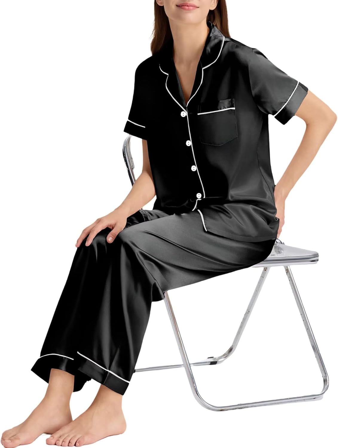 Couples Matching Pajamas Set Silk Satin Short Sleeve Button Down Loungewear with Long Pant - Image 5