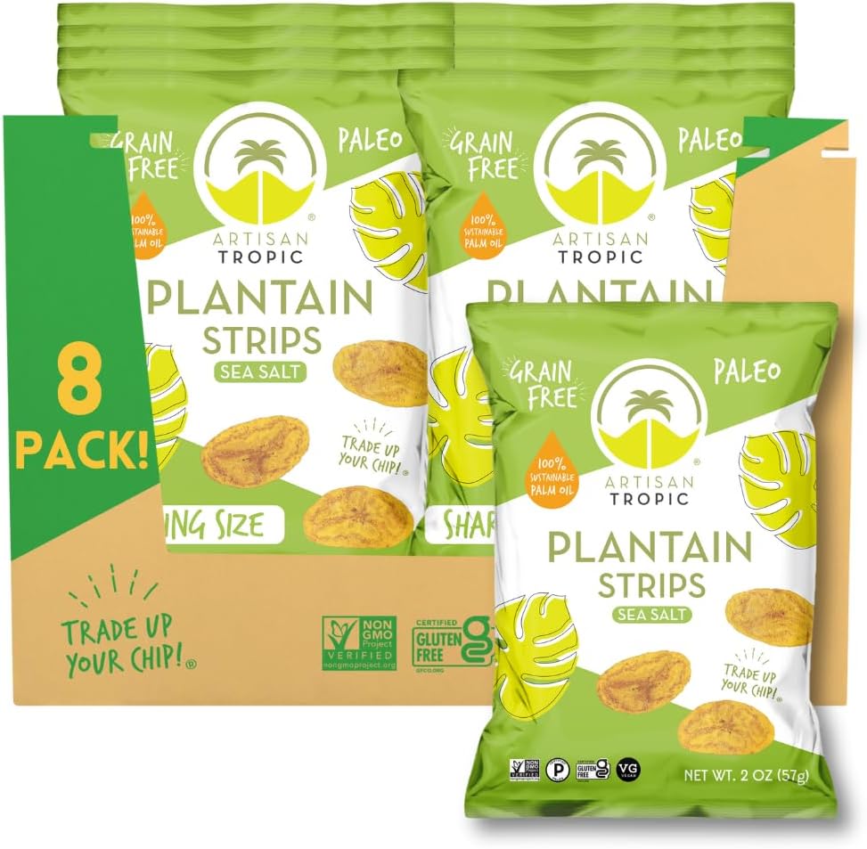 ARTISAN TROPIC Plantain Strips Sea Salt - 8 Pack, 2oz - Vegan, Paleo, Gluten Free Chips - Individual Bags Healthy Snacks for School, Gym, Kids – Whole 30 Approved Foods Baked Banana Chips