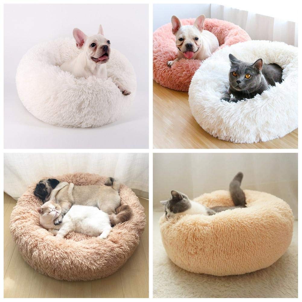 Letti per gatti Letto rotondo comodo e calmante per gatti Letto rilassante per cani Casa anti-ansia per gatti in pile Marshmallow Cuscino per gatti-bianco crema, diametro esterno 50 cm, Cina
