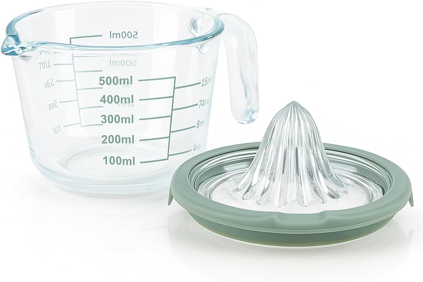 Cartman Citrus Lemon Orange Juicer, Green Manual Hand Squeezer, Glass Citrus Reamer, Lemon and Lime Manual Squeezer, Kitchen tool, Ounce Measuring Cup