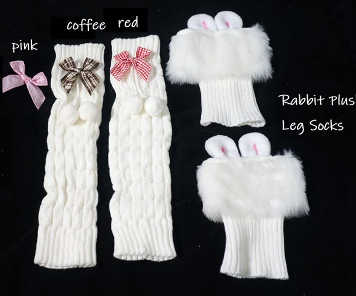 Cute Bunny Ears Furry Leg Warmers Fur Ball Bow Leg Warmers