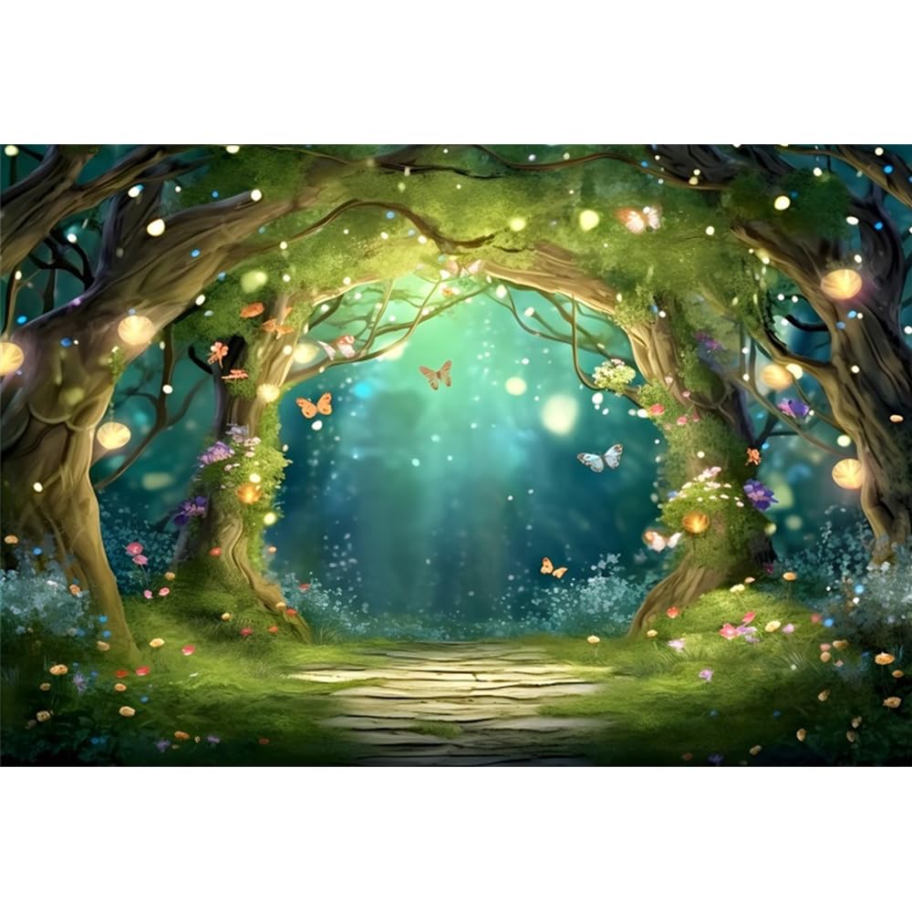 Laeacco Fabric Enchanted Forest Backdrop 5x3FT Spring Forest Photography Background Wonderland Butterfly Flower Green Trees Newborn Baby Shower