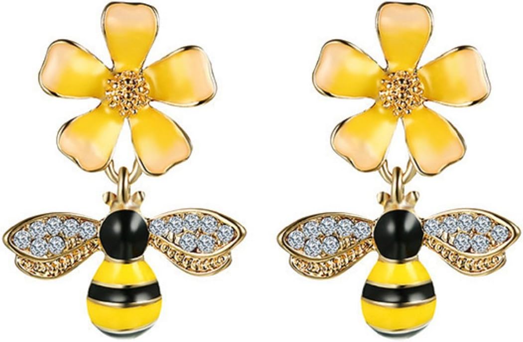SUNSCSCGold Plated Bee Stud Dangle Drop Earrings for Women Yellow Flower Crystal Jewelry by SUNSCSC