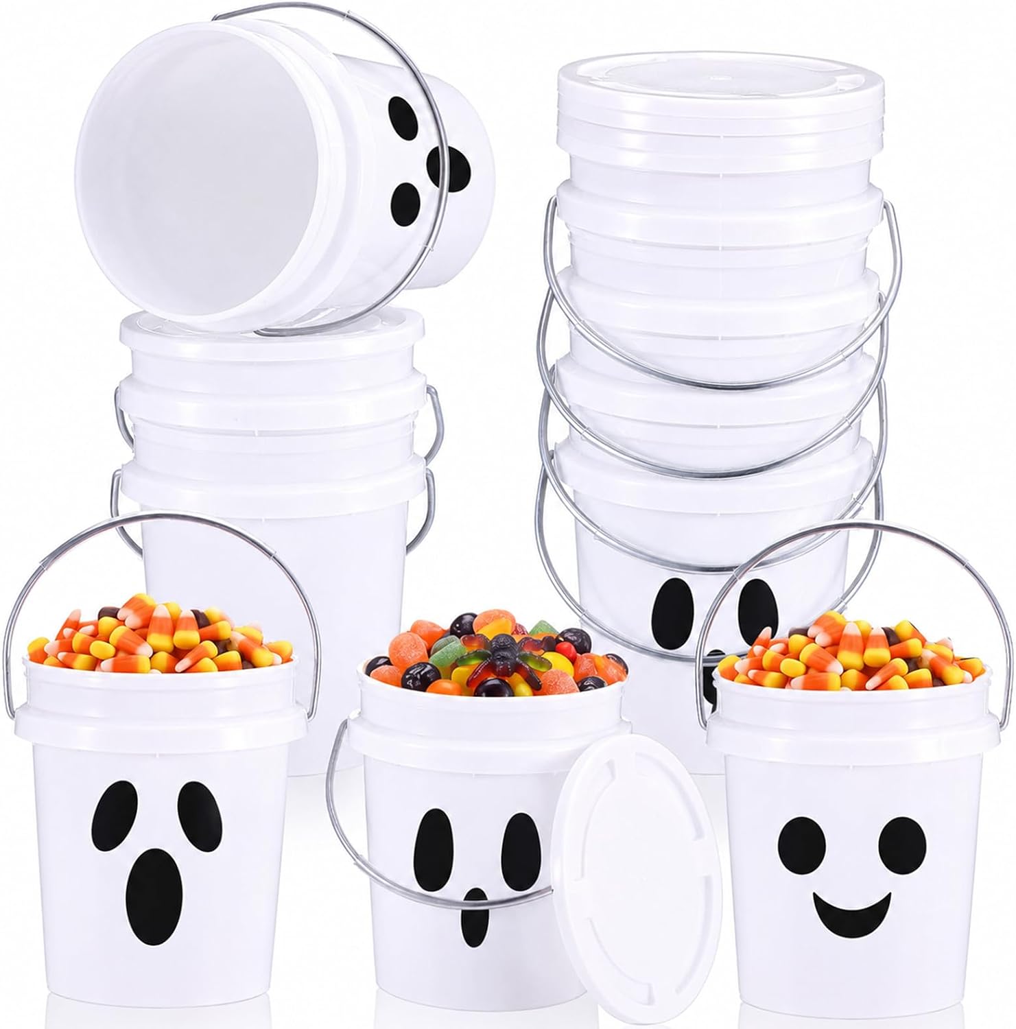 Hushee 12 Pcs Halloween Mini Plastic Bucket 0.4 Qt Ghost Bucket with Lid