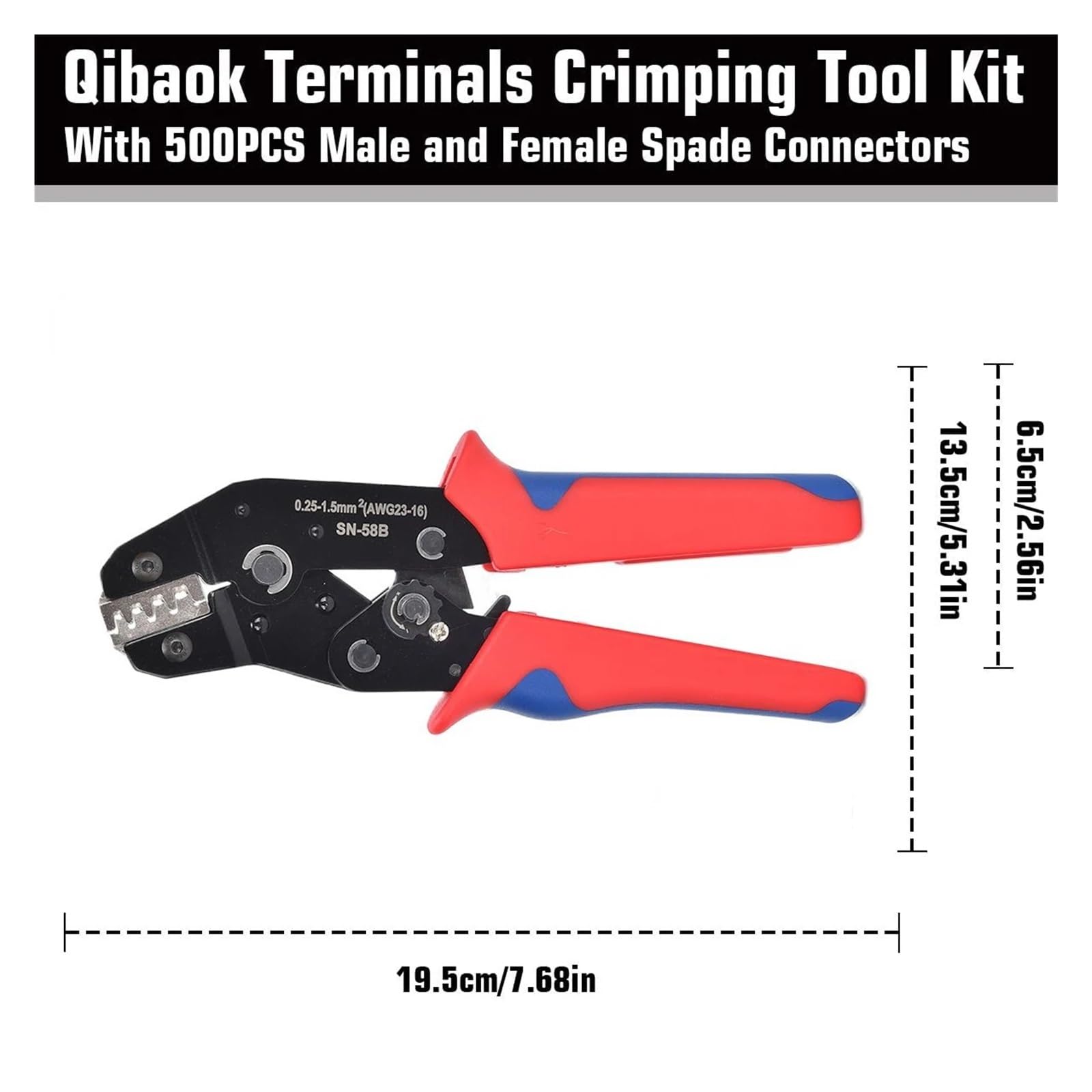 Wire Terminal Crimping Tools Kit,Ratcheting Crimp Plier 500 Female Male Spade Connectors&Bullet Terminals Set Hand Crimper(SN-58B)