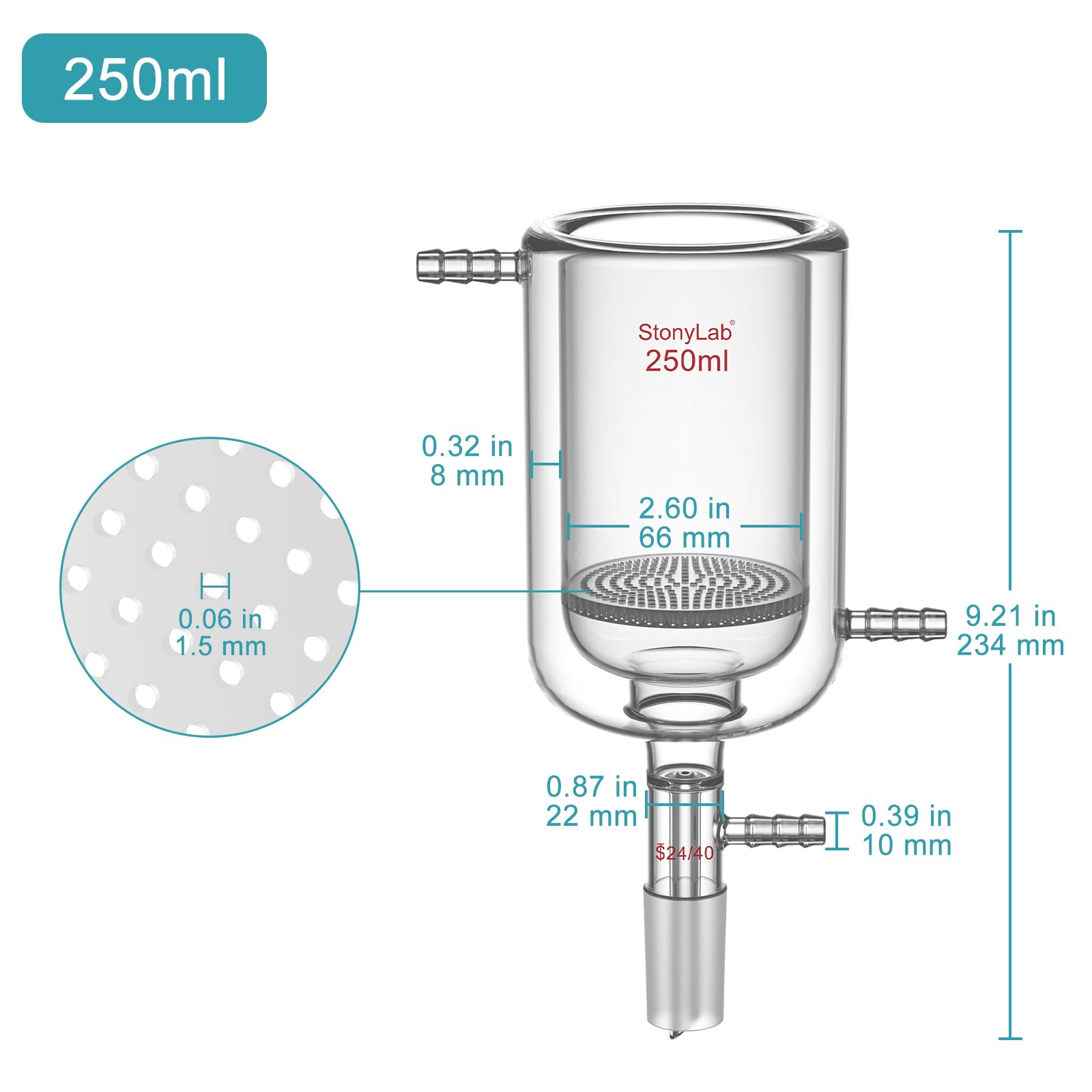 stonylab Embudo Buchner de Vidrio con Camisa y Disco Fritado de 1,5 mm, 250 ml, Unión 24/40 y Conexión de Manguera de 10 mm para Filtración al Vacío en Laboratorio