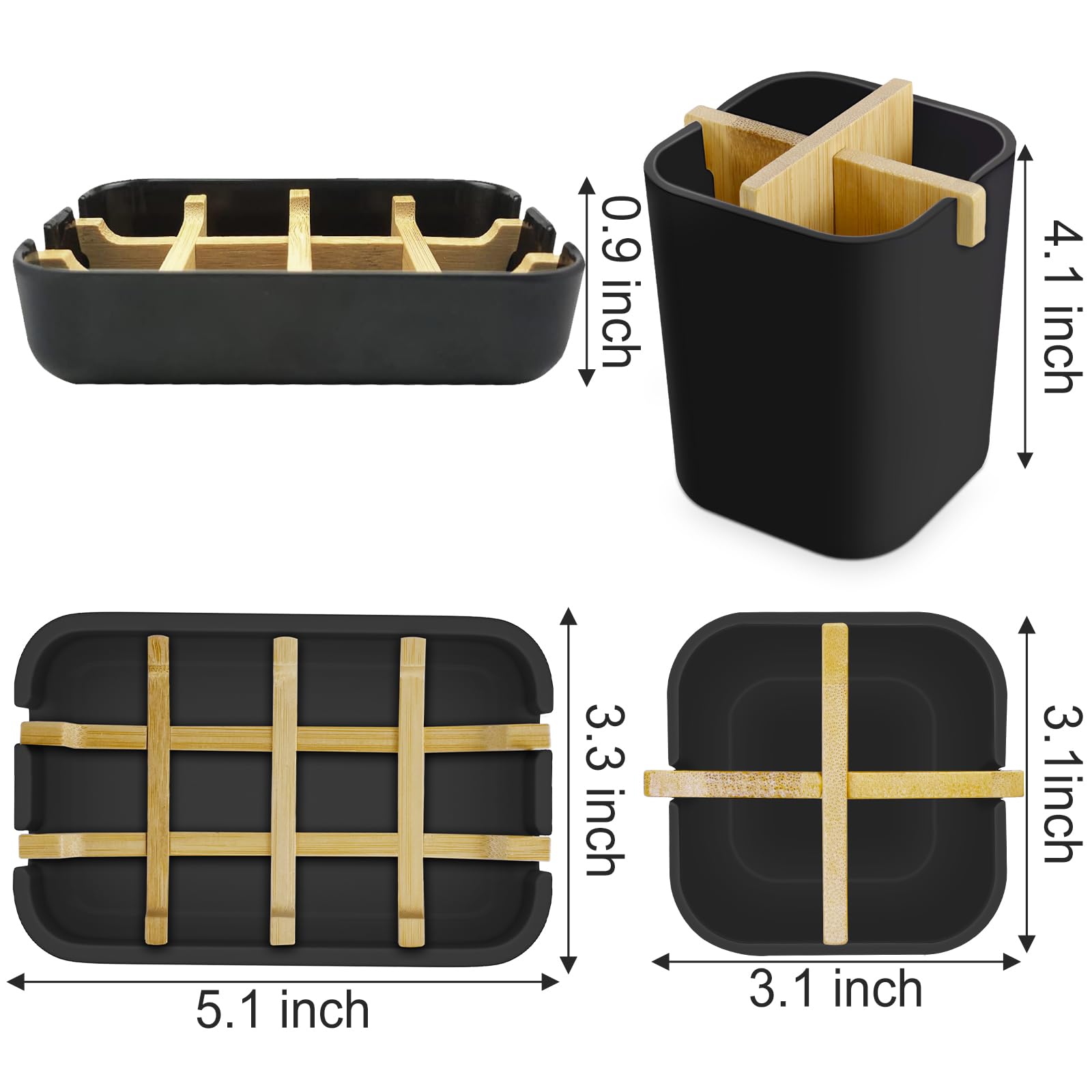 Juego de soportes para cepillos de dientes y jabón, divisor de bambú con 4 ranuras, bandeja de jabón de plástico para ducha, juego de accesorios de baño para almacenamiento de encimera, color