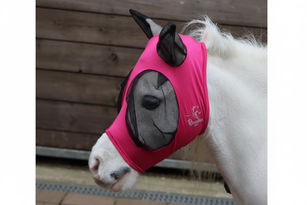 Ruggles Shetland Miniature Section A Masque Anti-mouches à Élastique Avec Oreilles Lycra Extensible Protection des Yeux Cheval Poney X-Mini Rose vif