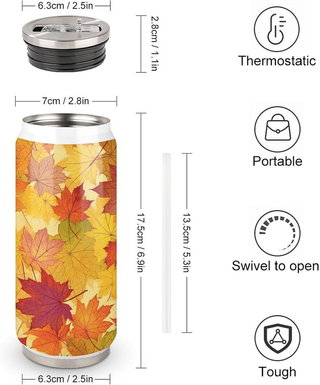 Stainless Steel Cups Autumn Leaves of Maple Printed Coke Cup Stainless Steel Insulated Cups with Lid And Straw