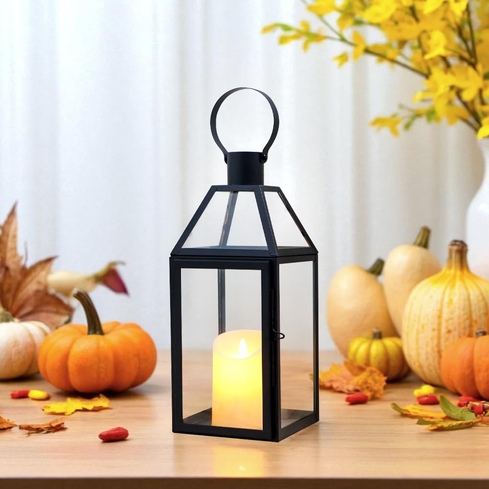 JHY DESIGN Lámparas Decorativas Negras de 40.5 cm de Altura, lámparas de Velas de Acero Inoxidable con Vidrio Templado para Interiores, Exteriores, Eventos, Fiestas y Bodas