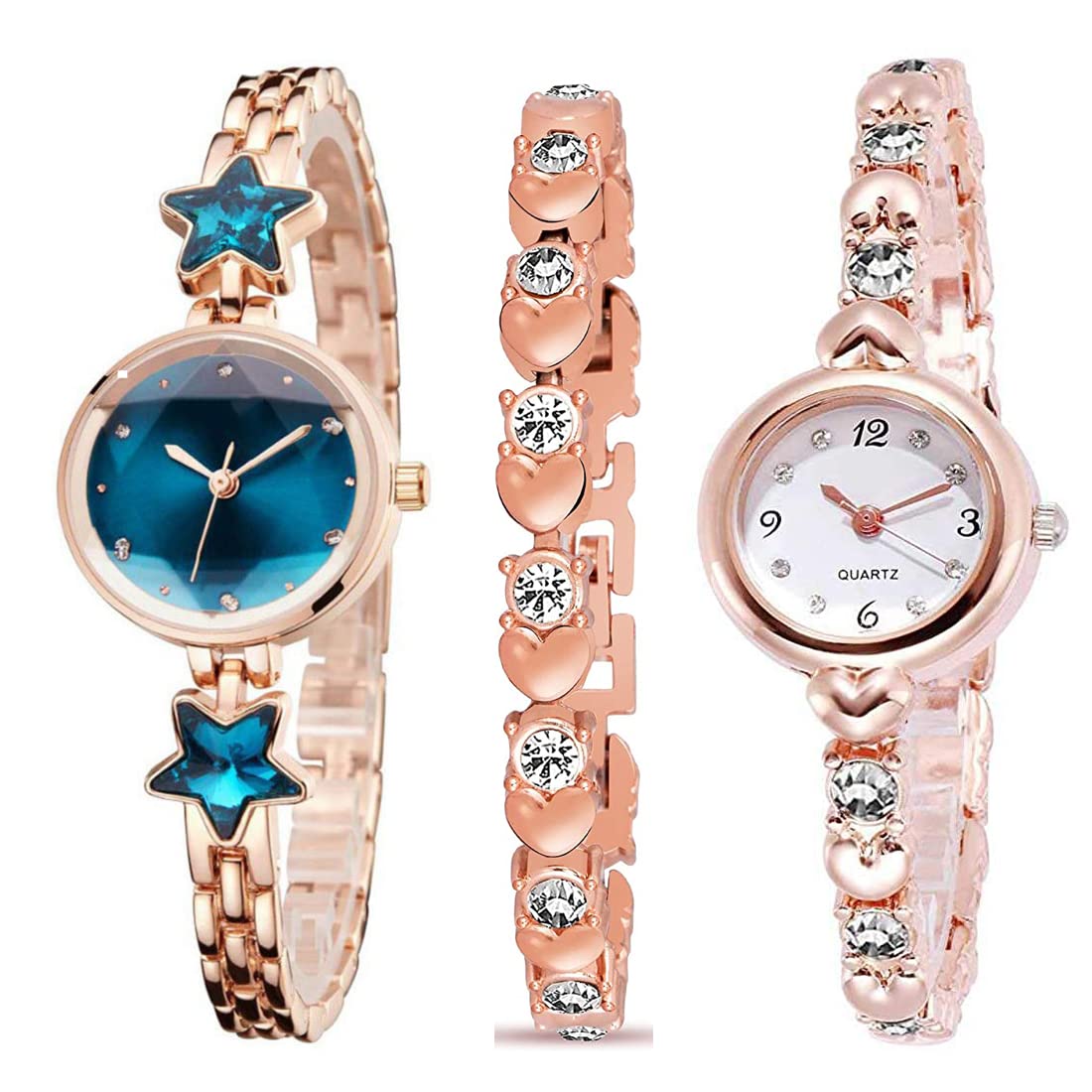 GOLDENIZE FASHION New Analogue Branded Analog Multicolor Dial Rose Gold Watch with Gift Bracelet for Women or Girls and Watch for Girl or Women (Combo of 3) (B0B9Z97295) Amazon Price History, Amazon Price Tracker