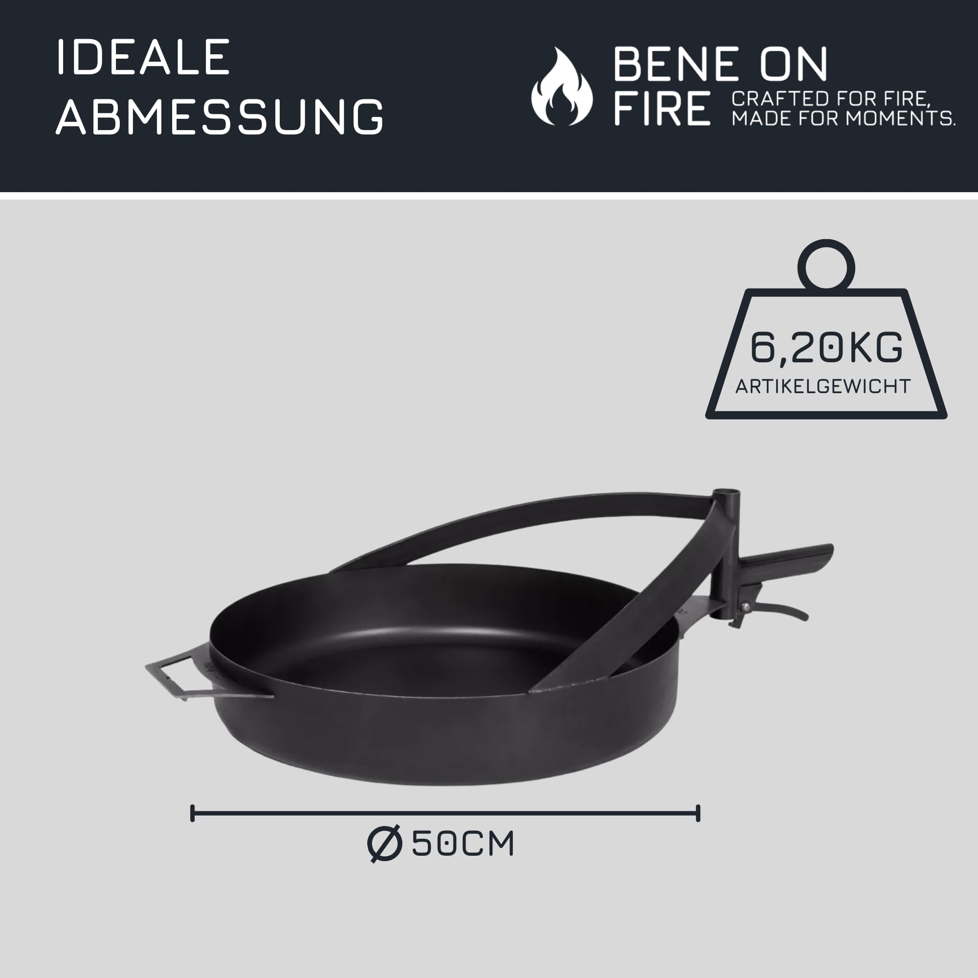 BENE ON FIRE Feuerschalen Grillpfanne Ø 50 cm mit Griff | Stahlpfanne schwarz 6,2 kg hitzebeständig stabil | zum Braten Rösten über offenem Feuer | Zubehör Feuerschalen Arizona Washington