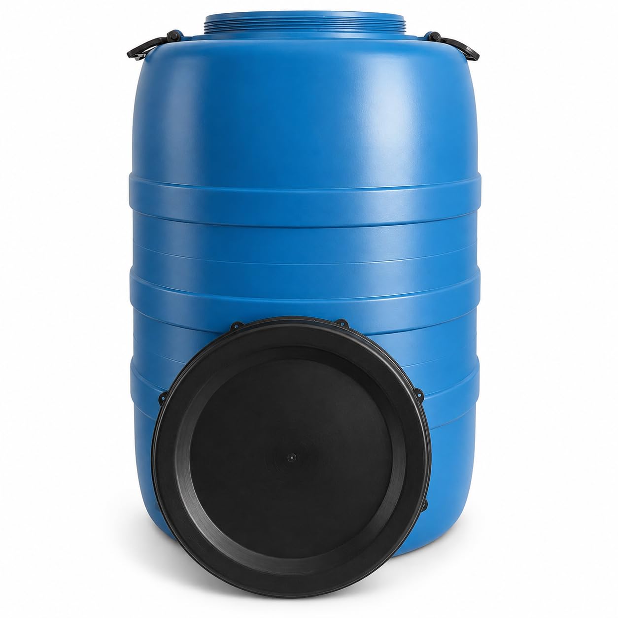 plasteo Barile con coperchio a vite, per alimenti (120 l, blu con rubinetto