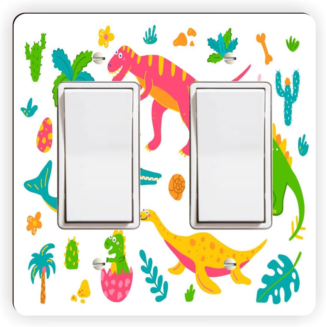 Sam Sandor -Kids Room Décor - Funny Dinosaurs - Colorful Dinosaurs -Double Rocker Light Switch Cover - Double Rocker Switch Plate