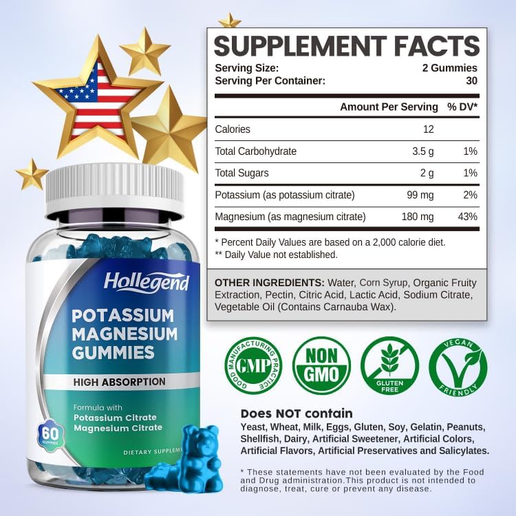 Potassium Magnesium Gummies, High Absorption Potassium Citrate 99mg Magnesium Citrate 180mg, Chewable Gummy Supplements for Leg Cramps & Muscle, 60 Count - Image 4