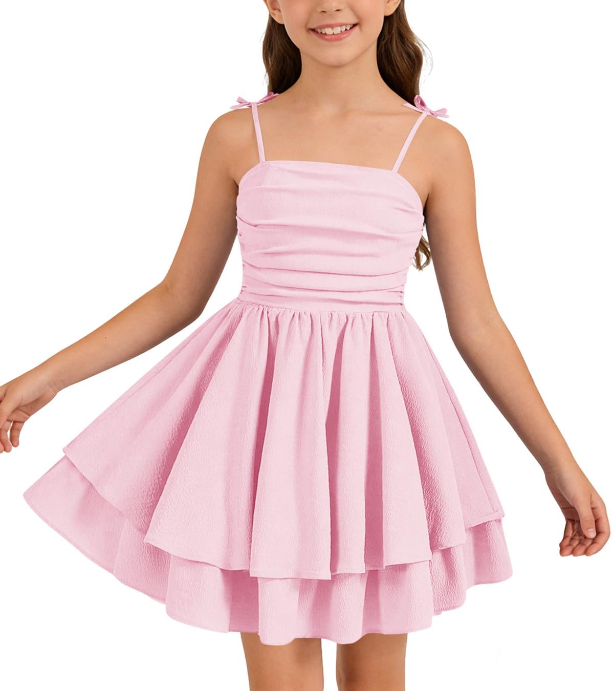 Haloumoning Girls Summer Spaghetti Strap Dress Kids Flowy Tiered Ruched Smocked Back Casual Beach Sundress 5-14Y