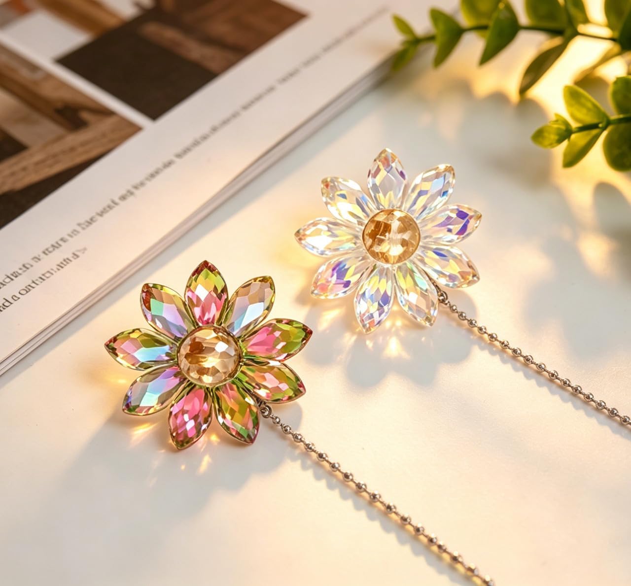 Crystal Ceiling Fan Pull Chain Colorful Hanging Sunflower Set, 4 Pcs 24" Glass Pendants with Chain Connector(2 Transparent and 2 Purple)