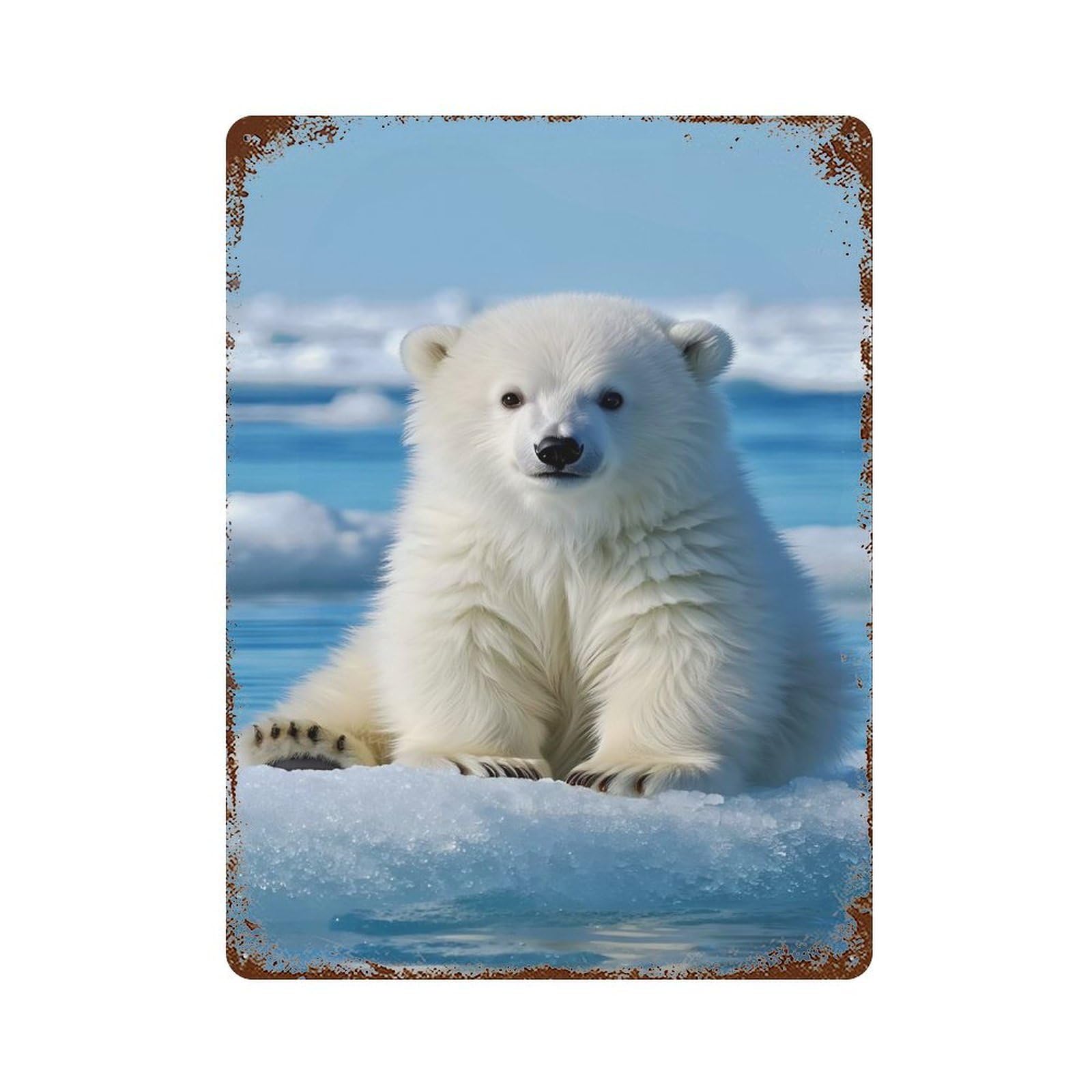 Polar Bear Cub on Ice Floe 15.7"x11.8" Distressed Metal Wall Sign, Shabby Chic Decor for Shed, Workshop And Garage Wall Decor