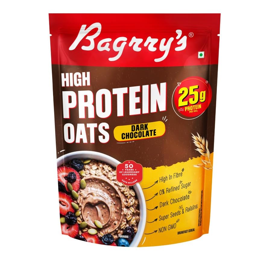 Image of Bagrry's High Protein Oats with 25g Protein per 100g- 750g Pouch | Dark Chocolate Oats with Raisins & Pumpkin Seeds | Whey Protein & Plant Protein Blend | High Fibre Breakfast Cereal | Instant High Protein Meal | Rolled Oats | No Refined Sugar | No Added Preservatives | Non GMO