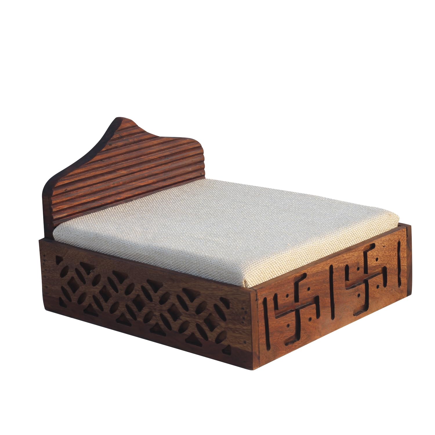 SheeshamCraft Swastik Wooden Laddu Gopal Bed(20.32 cm W x 25.4 cm L x 22.86 cm H), Natural Colour, Sheesham Wood, CNC Cutting, Swastik Design, Storage Available, Cushion Mattress on demoand (Swastik)